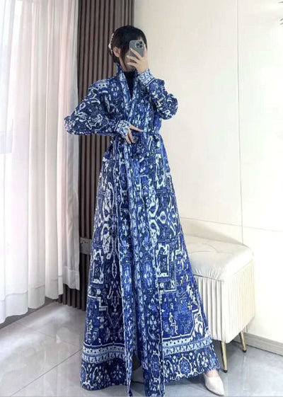 Navy Blue Pleated Abaya with Classic Patterns