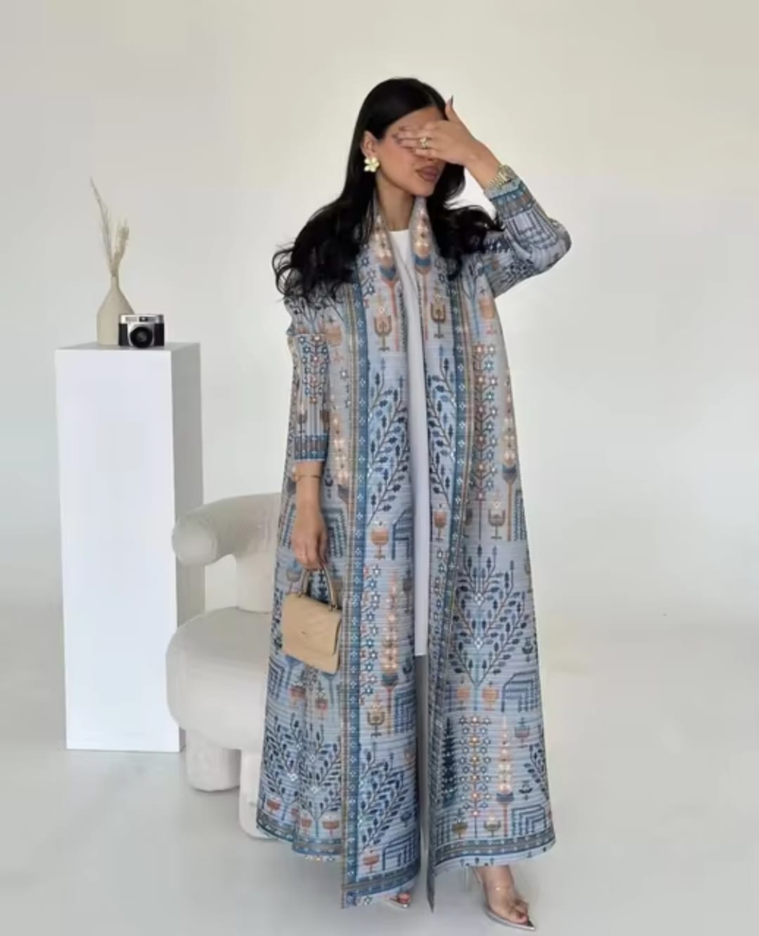 Dusty Blue/Grey Pleated Abaya with Vintage Print