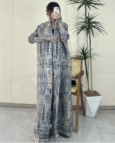 Dusty Blue/Grey Pleated Abaya with Vintage Print