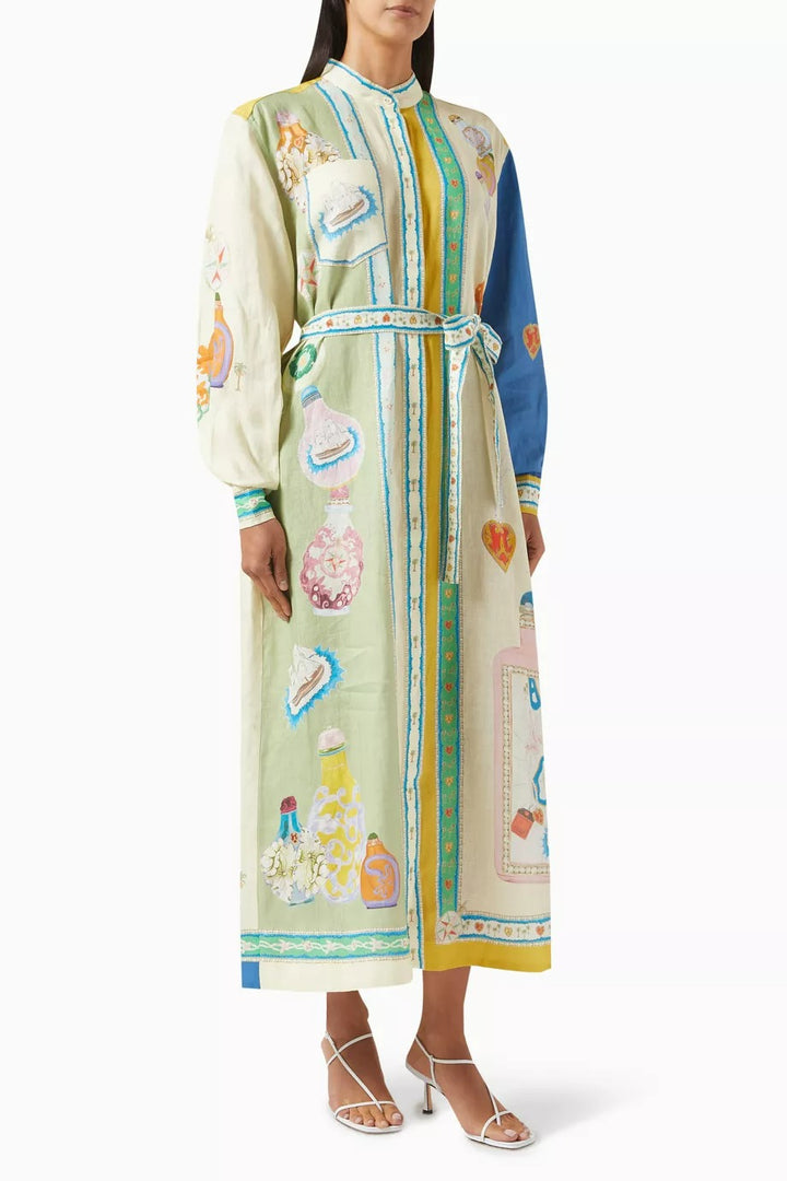 Polychrome Bottle Printed Soft Linen Touch Shirt Dress