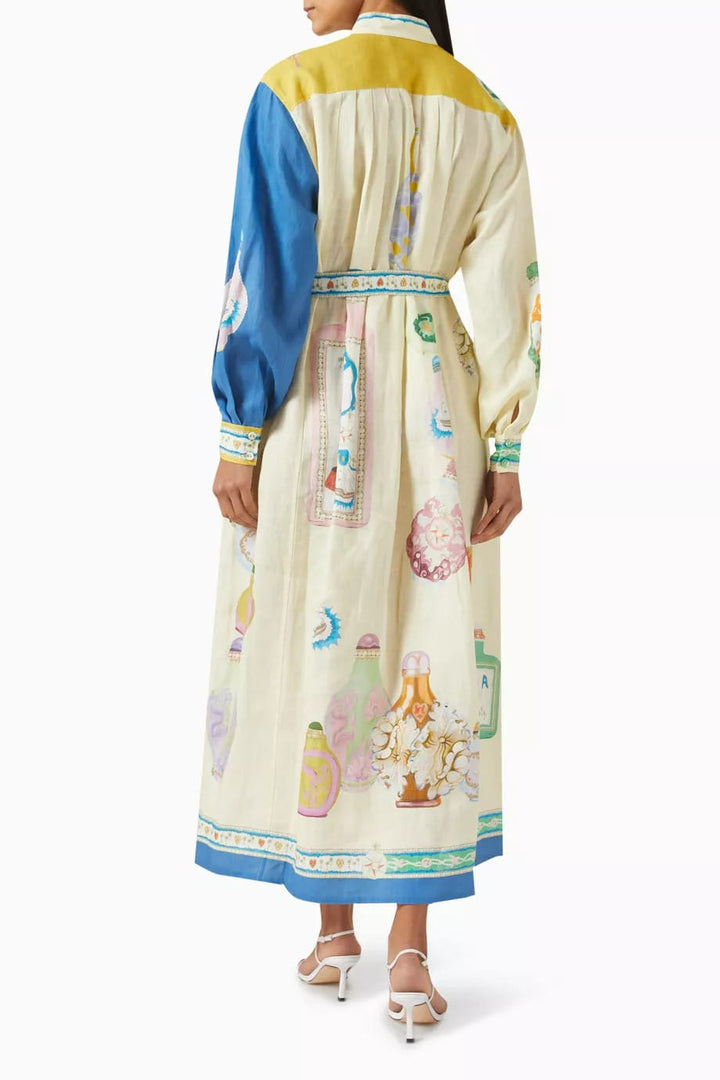 Polychrome Bottle Printed Soft Linen Touch Shirt Dress