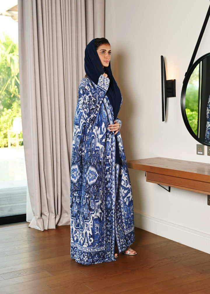 Navy Blue Pleated Abaya with Classic Patterns