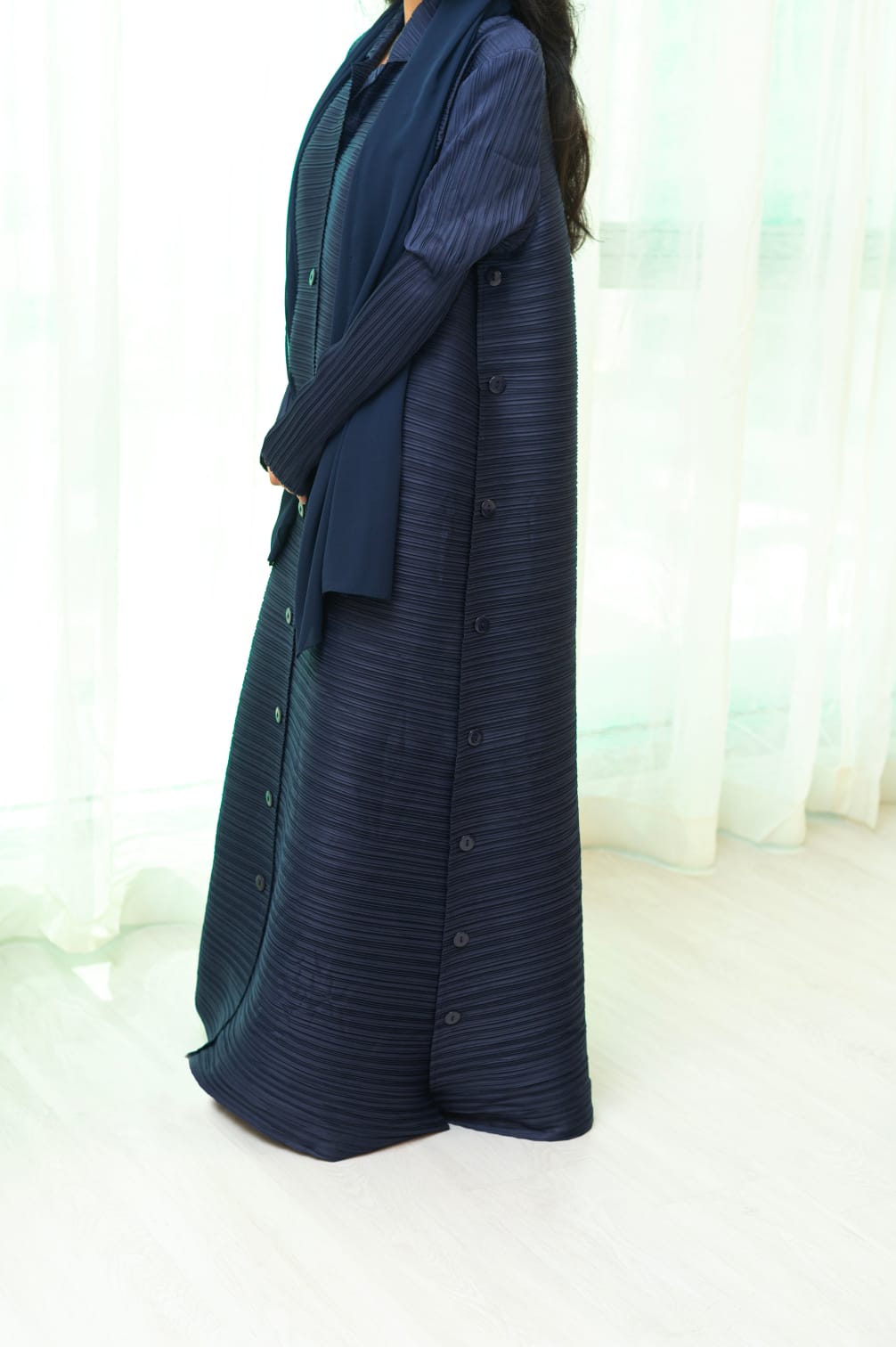Navy Blue Plisse Work Abaya with Front and Side Buttons