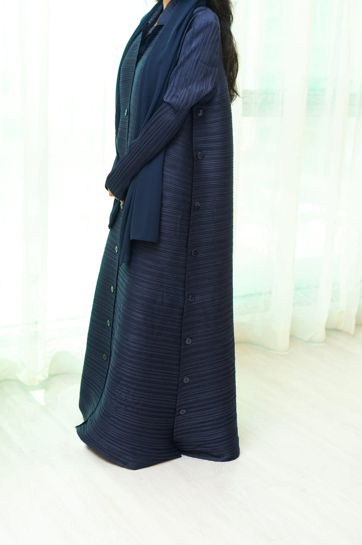 Navy Blue Plisse Work Abaya with Front and Side Buttons