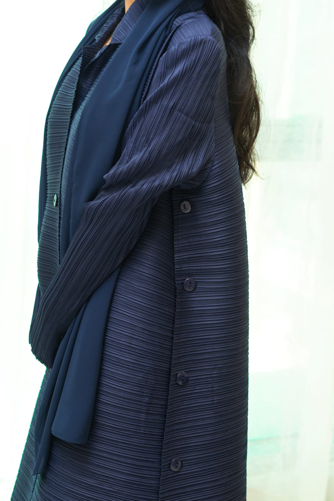 Navy Blue Plisse Work Abaya with Front and Side Buttons