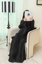 Black Plisse Work Abaya with Front and Side Buttons