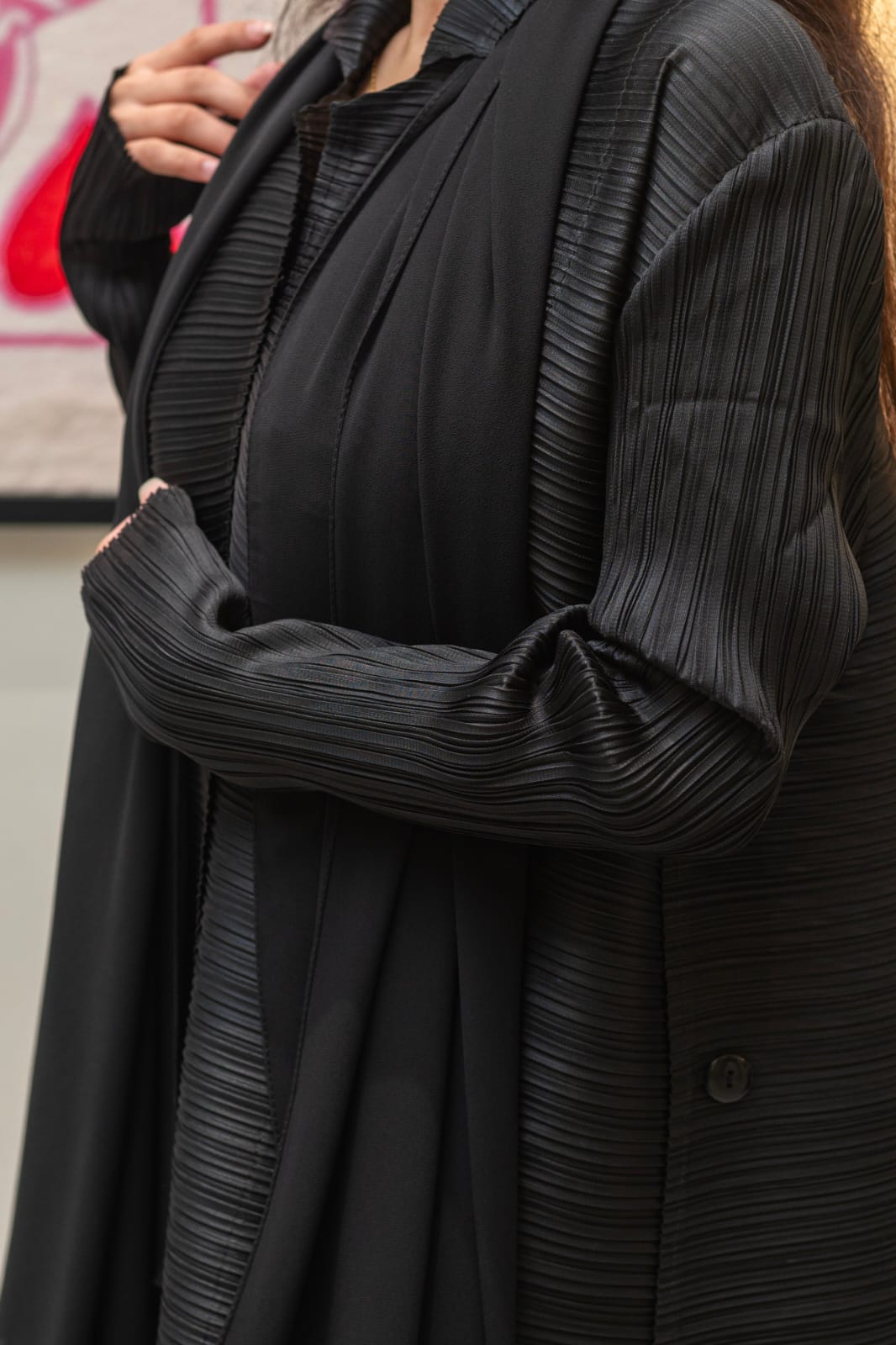 Black Plisse Work Abaya with Front and Side Buttons