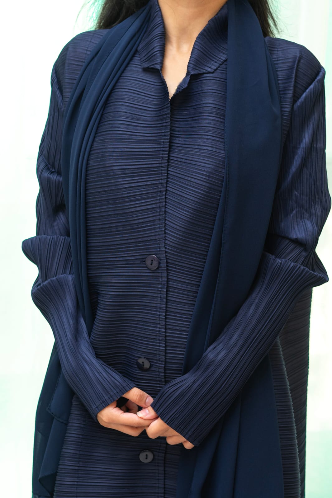 Navy Blue Plisse Work Abaya with Front and Side Buttons