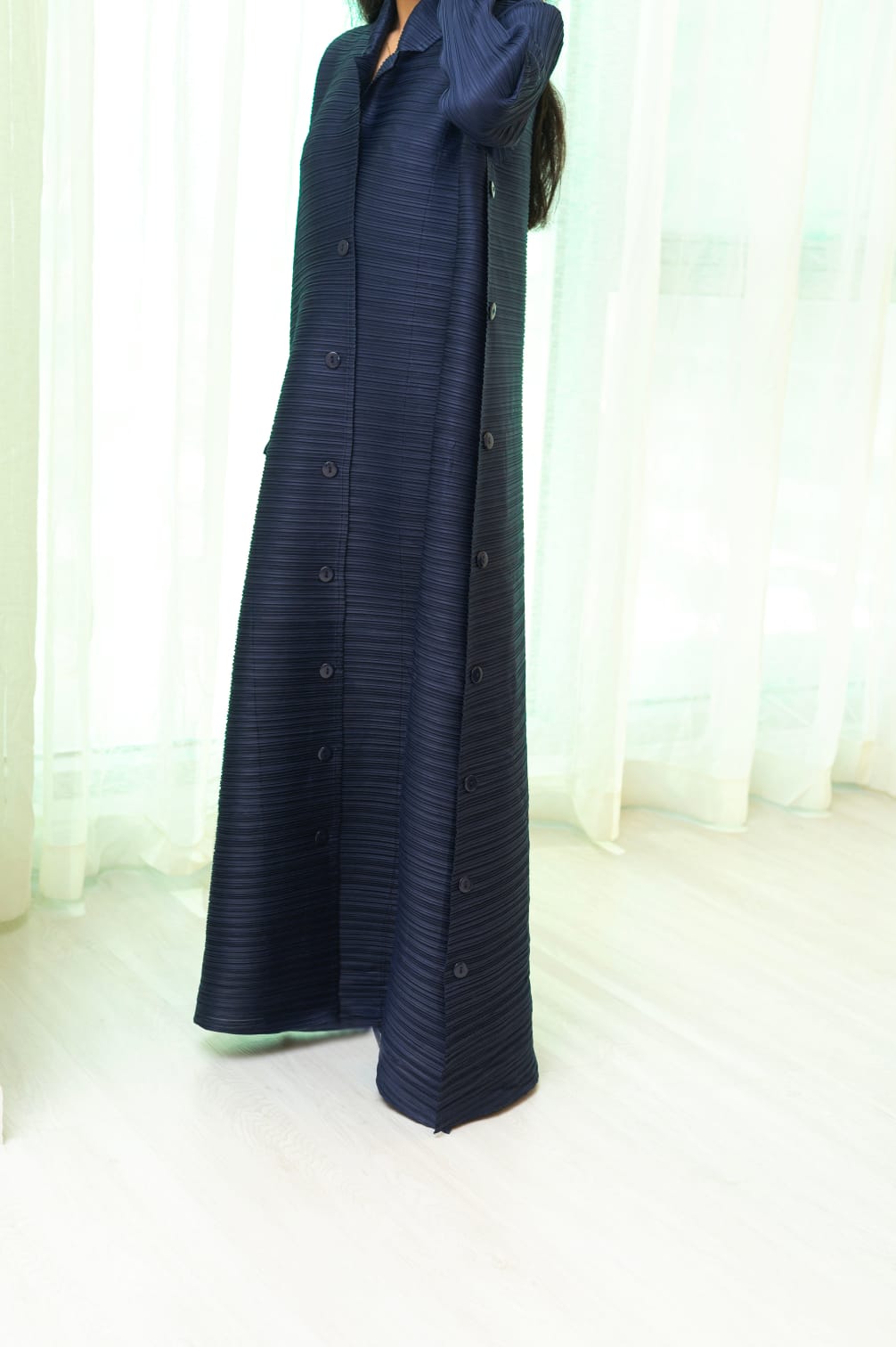 Navy Blue Plisse Work Abaya with Front and Side Buttons