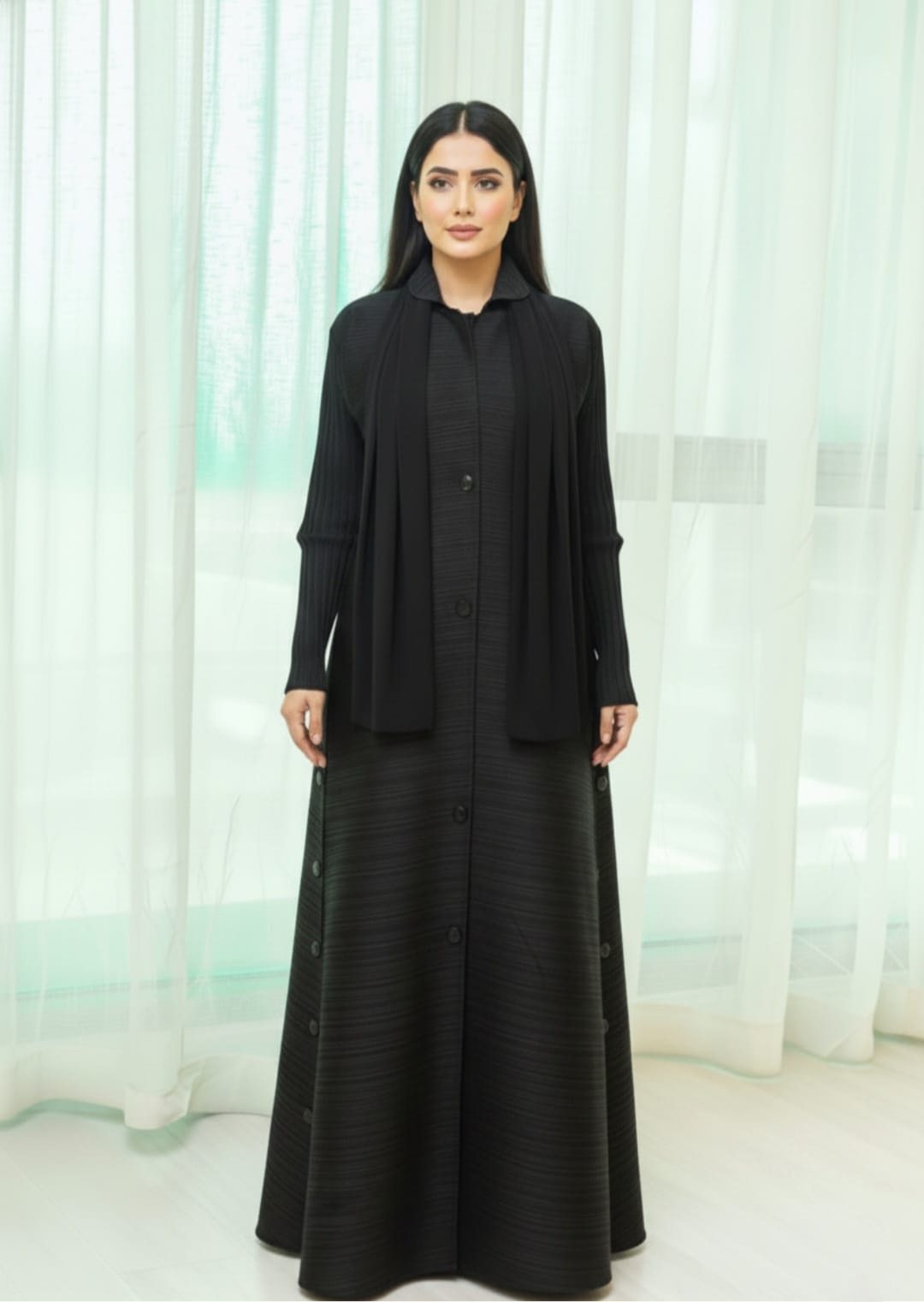 Black Plisse Work Abaya with Front and Side Buttons