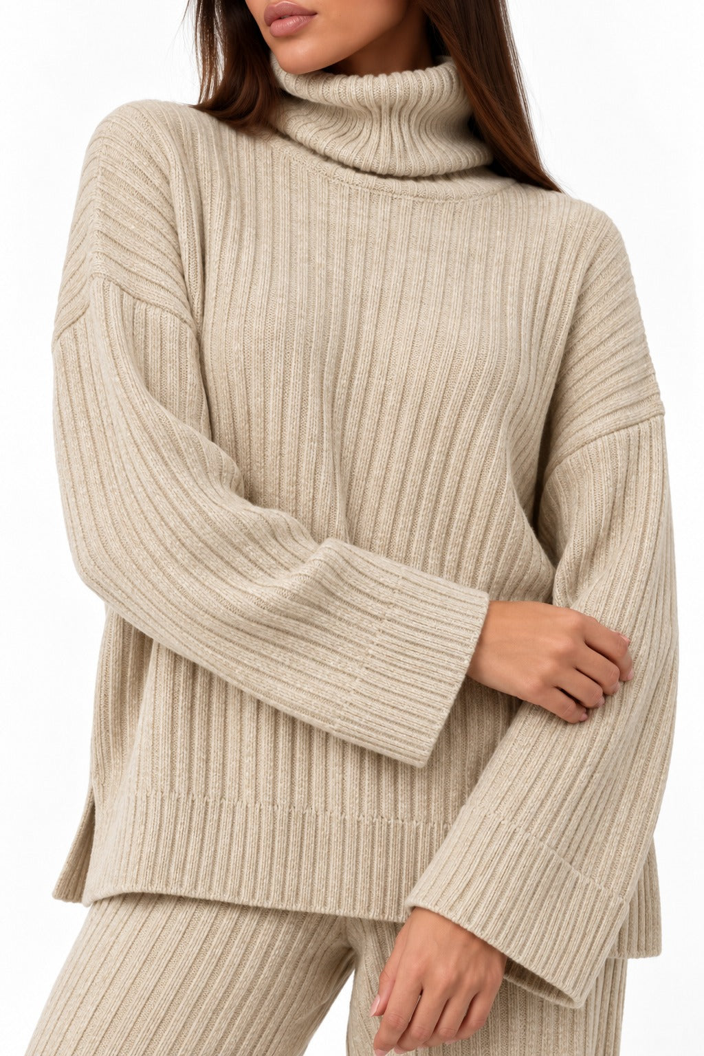 Beige Ribbed Knitted Co-Ord Set