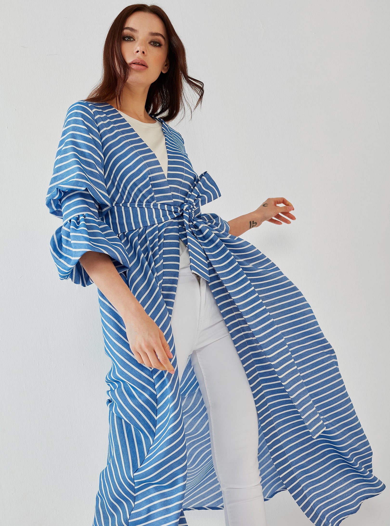 Blue Kimono with Cuffed Sleeve Detail
