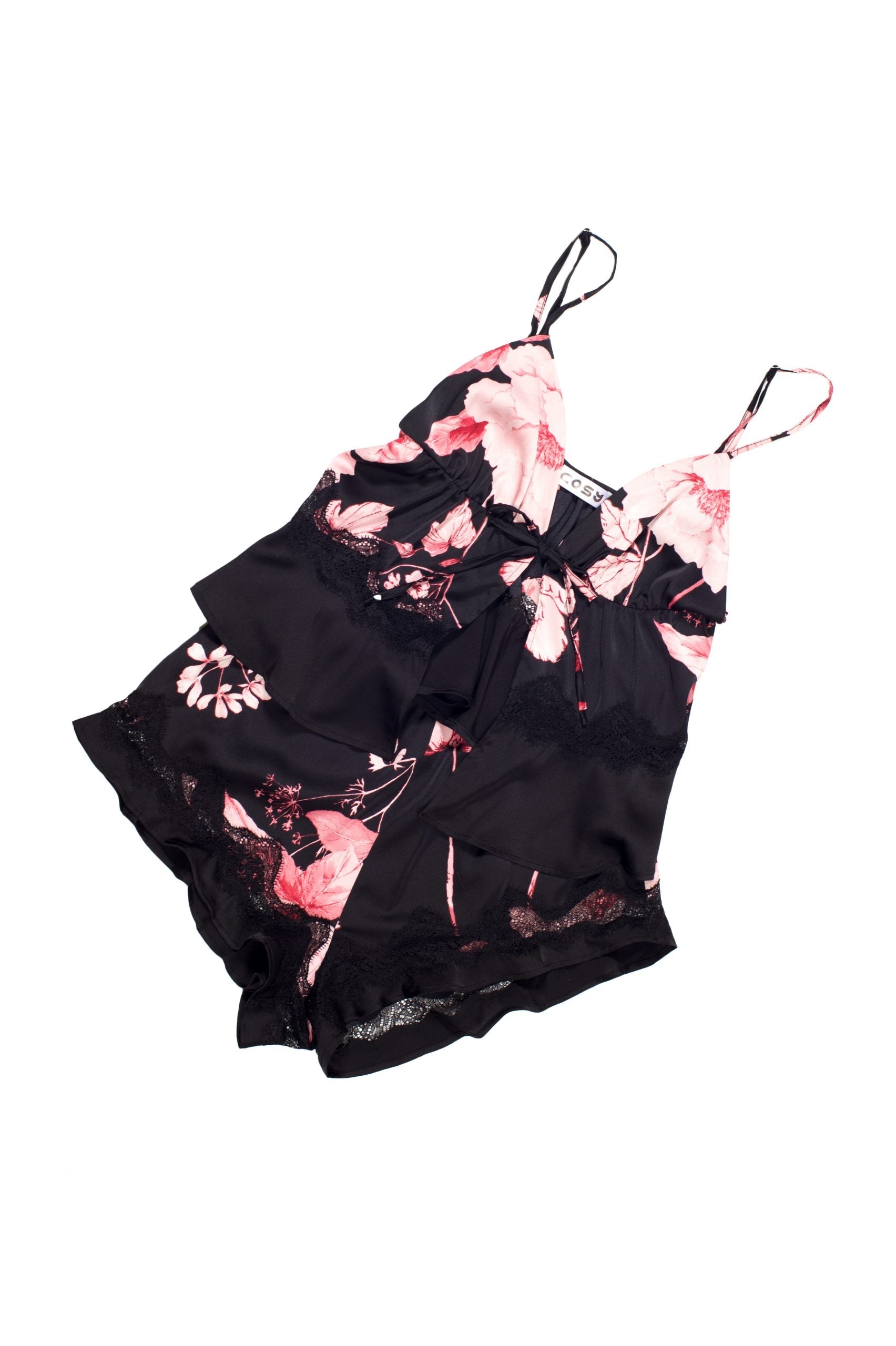 Be Cosy Satin PJ Set with Shorts in Black and Pink Floral Print