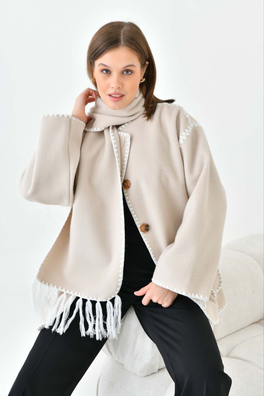 BEIGE ELEGANT COAT SHAWL WOOL