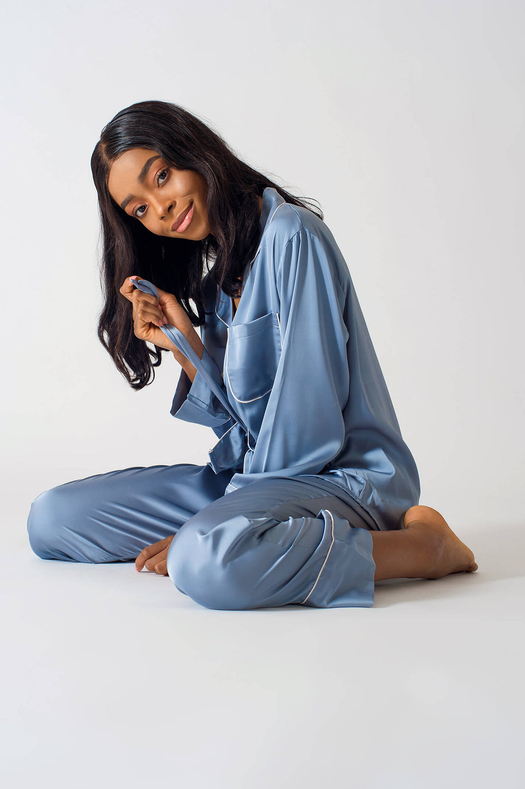 Be Cosy Classic Satin PJ Set in Light Blue