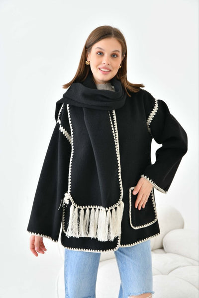 Black Elegant Coat Shawl Wool