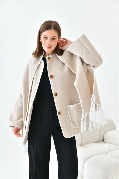 BEIGE ELEGANT COAT SHAWL WOOL