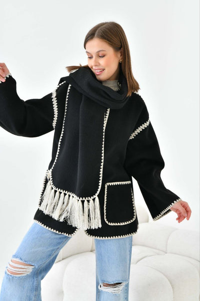 Black Elegant Coat Shawl Wool