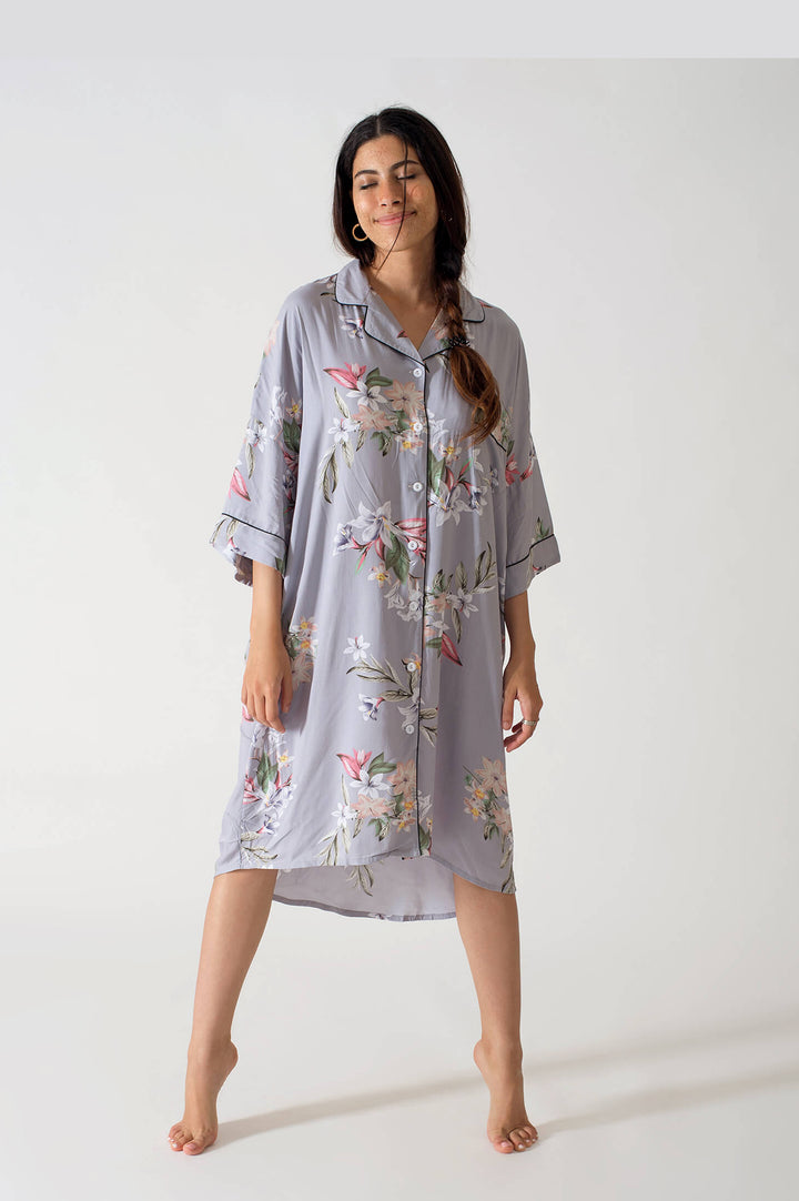 Be Cosy Oversized Nightdress in Grey and White  Floral Print
