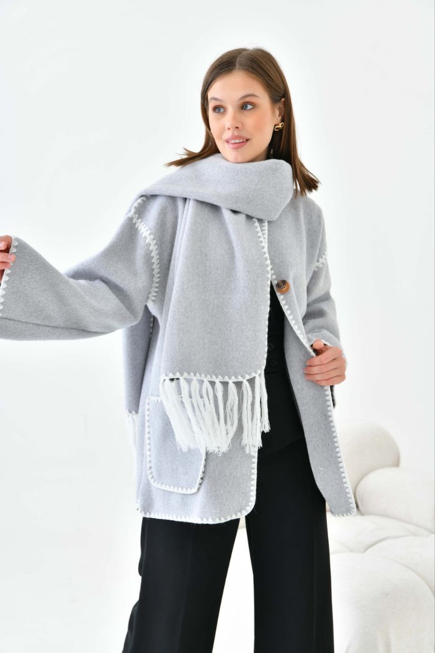 Light Grey Elegant Coat Shawl Wool