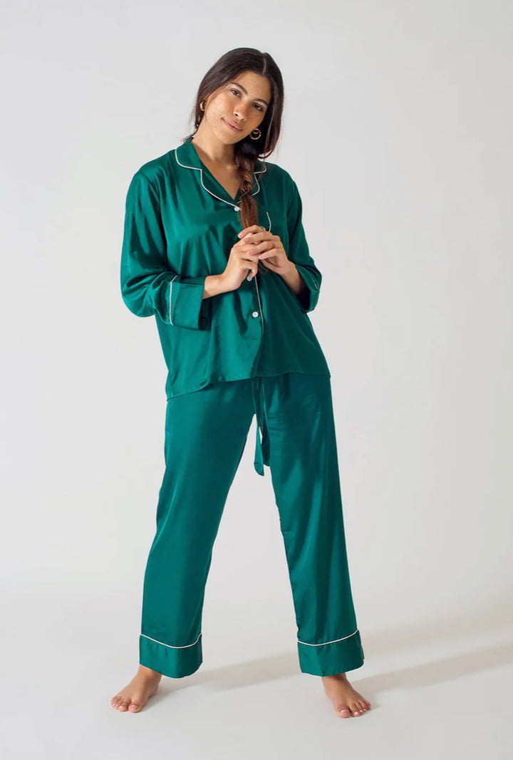 Be Cosy Classic Satin PJ Set in Deep Green