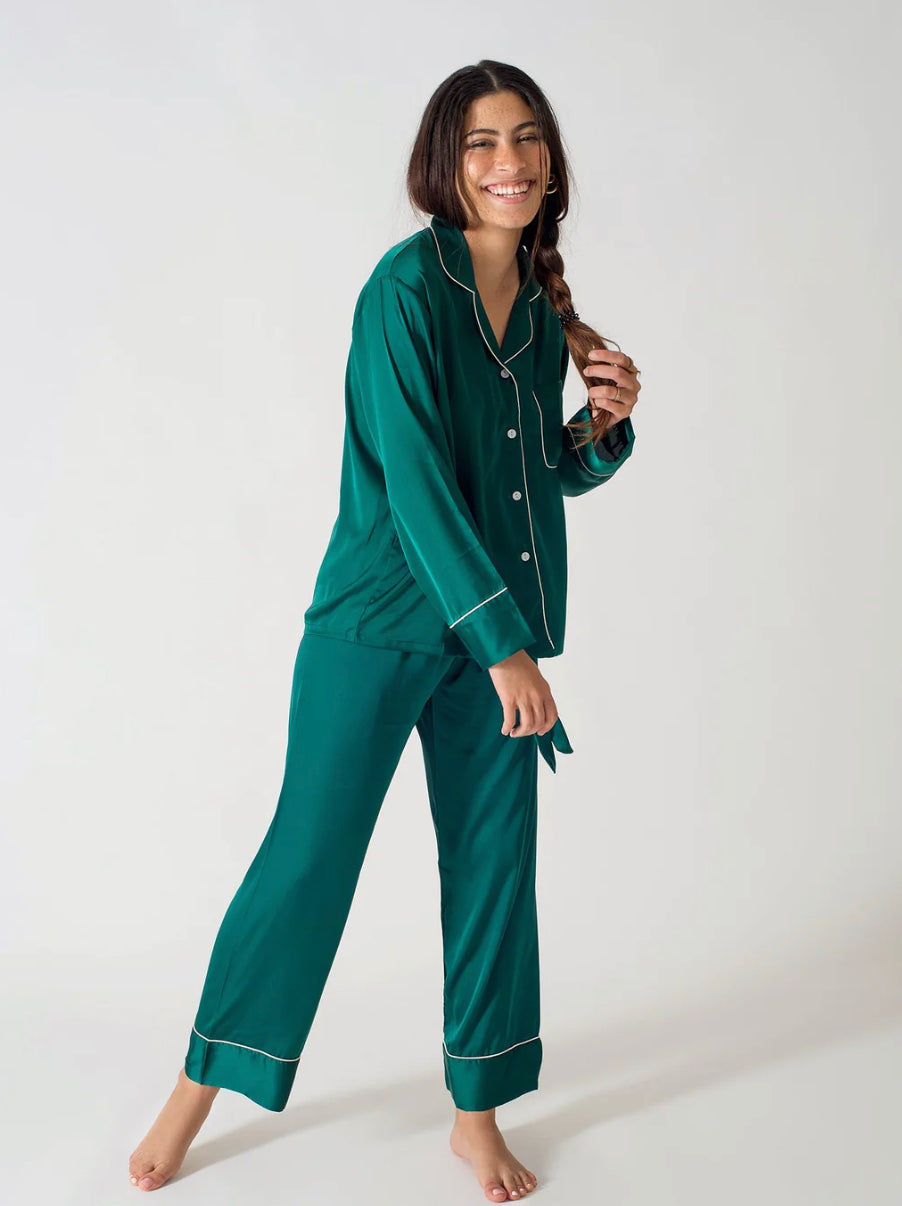 Be Cosy Classic Satin PJ Set in Deep Green