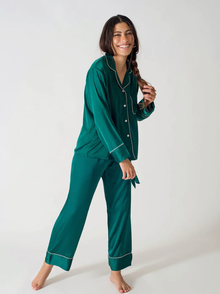 Be Cosy Classic Satin PJ Set in Deep Green