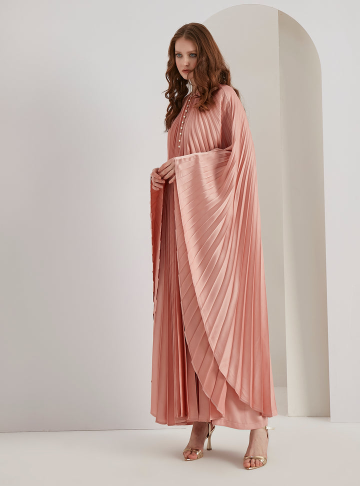 Salmon Plisse Caftan with Pearls Button
