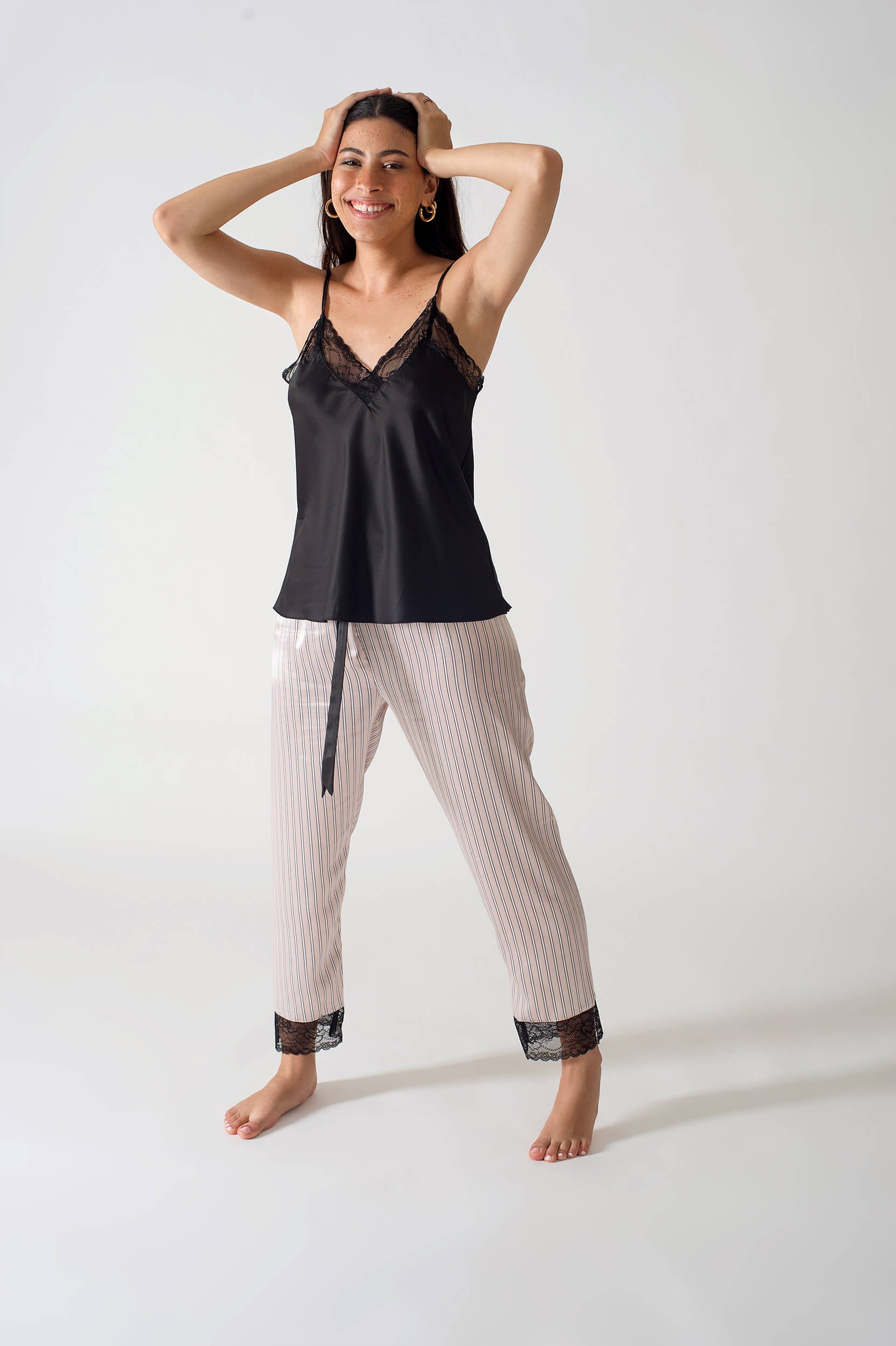 Be Cosy Satin PJ Set in Black and Pink