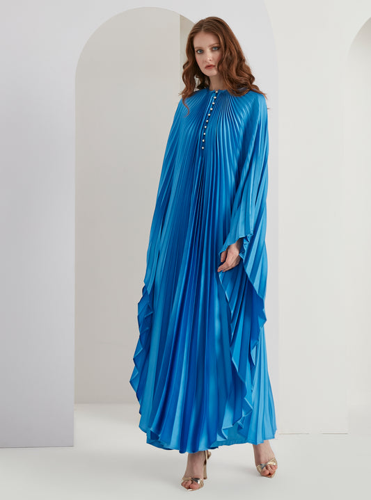 Pearls Button Plisse-Satin Maxi Dress Caftan Blue