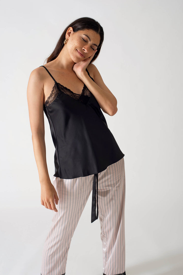 Be Cosy Satin PJ Set in Black and Pink