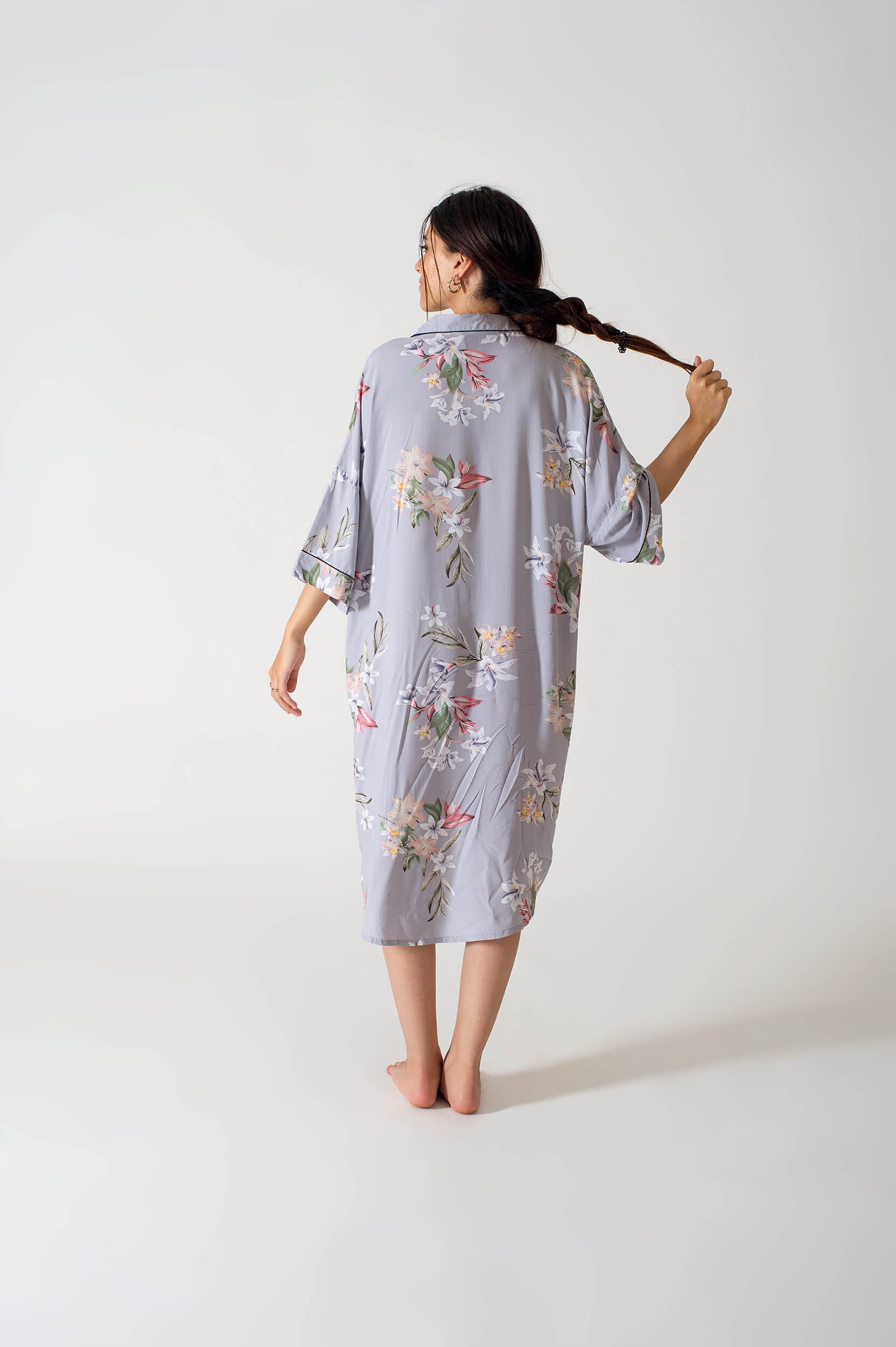 Be Cosy Oversized Nightdress in Grey and White  Floral Print