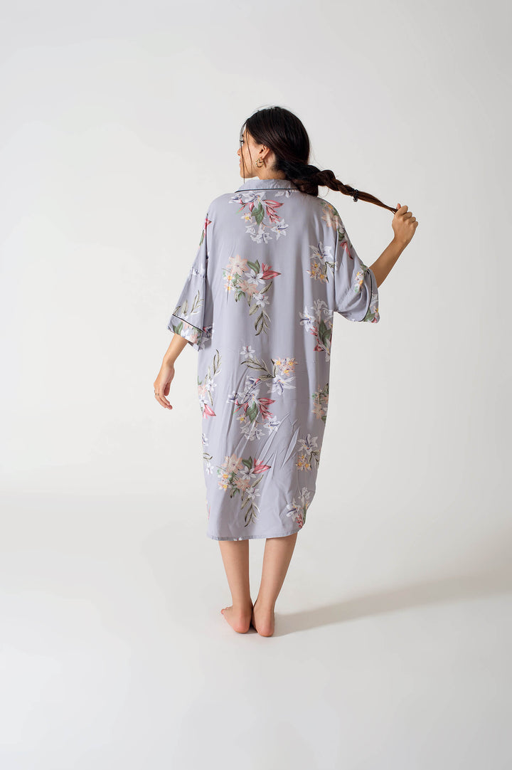 Be Cosy Oversized Nightdress in Grey and White  Floral Print