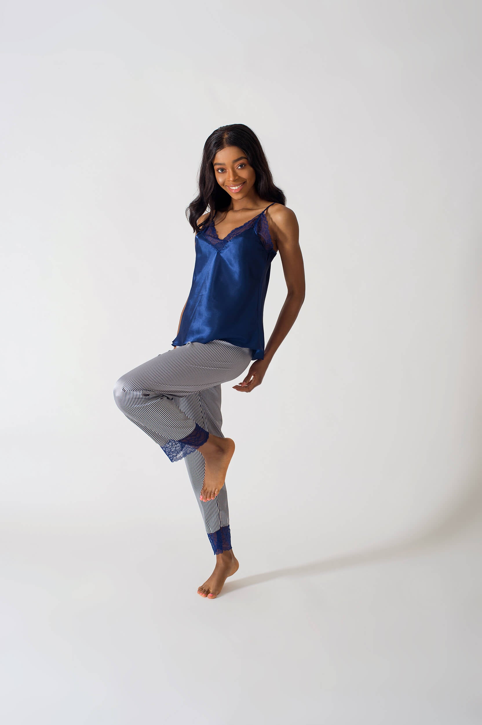 Be Cosy Satin PJ Set in Royal Blue and White