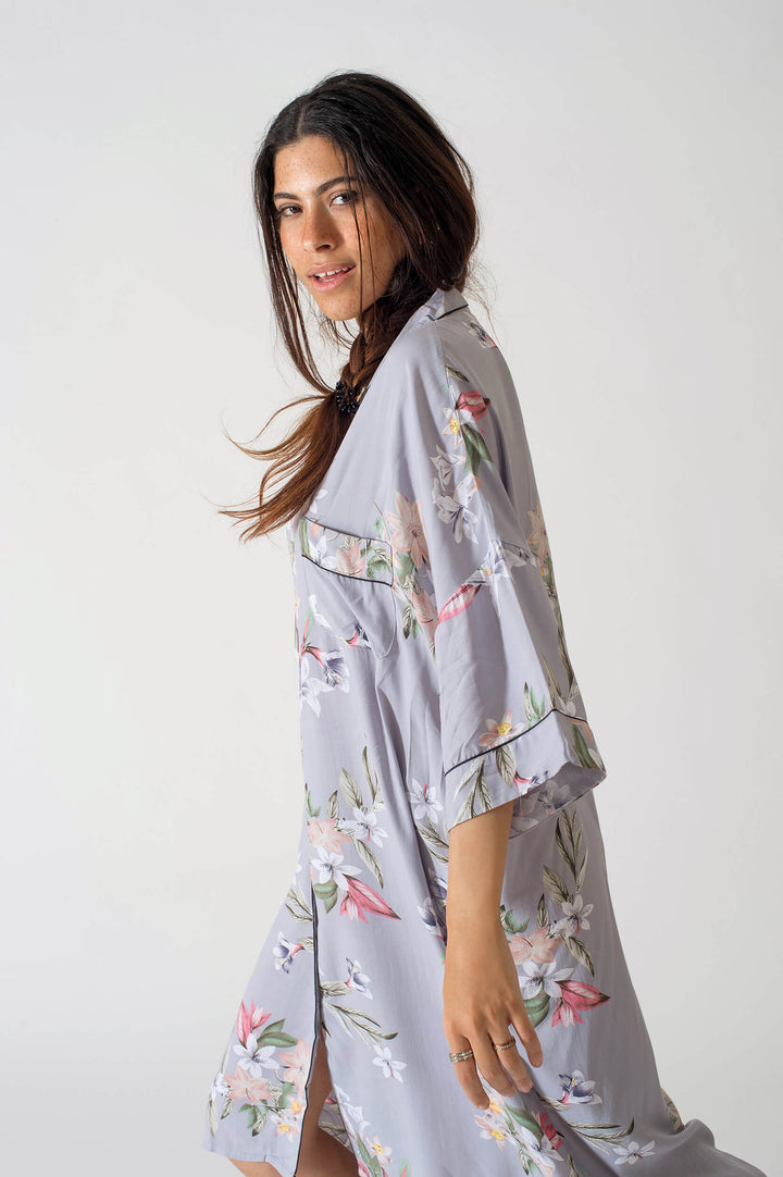 Be Cosy Oversized Nightdress in Grey and White  Floral Print