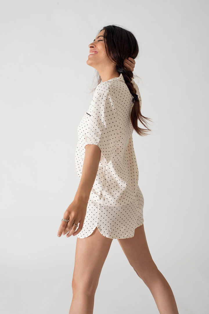 Be Cosy PJ Set with shorts in Off White Polka Dots
