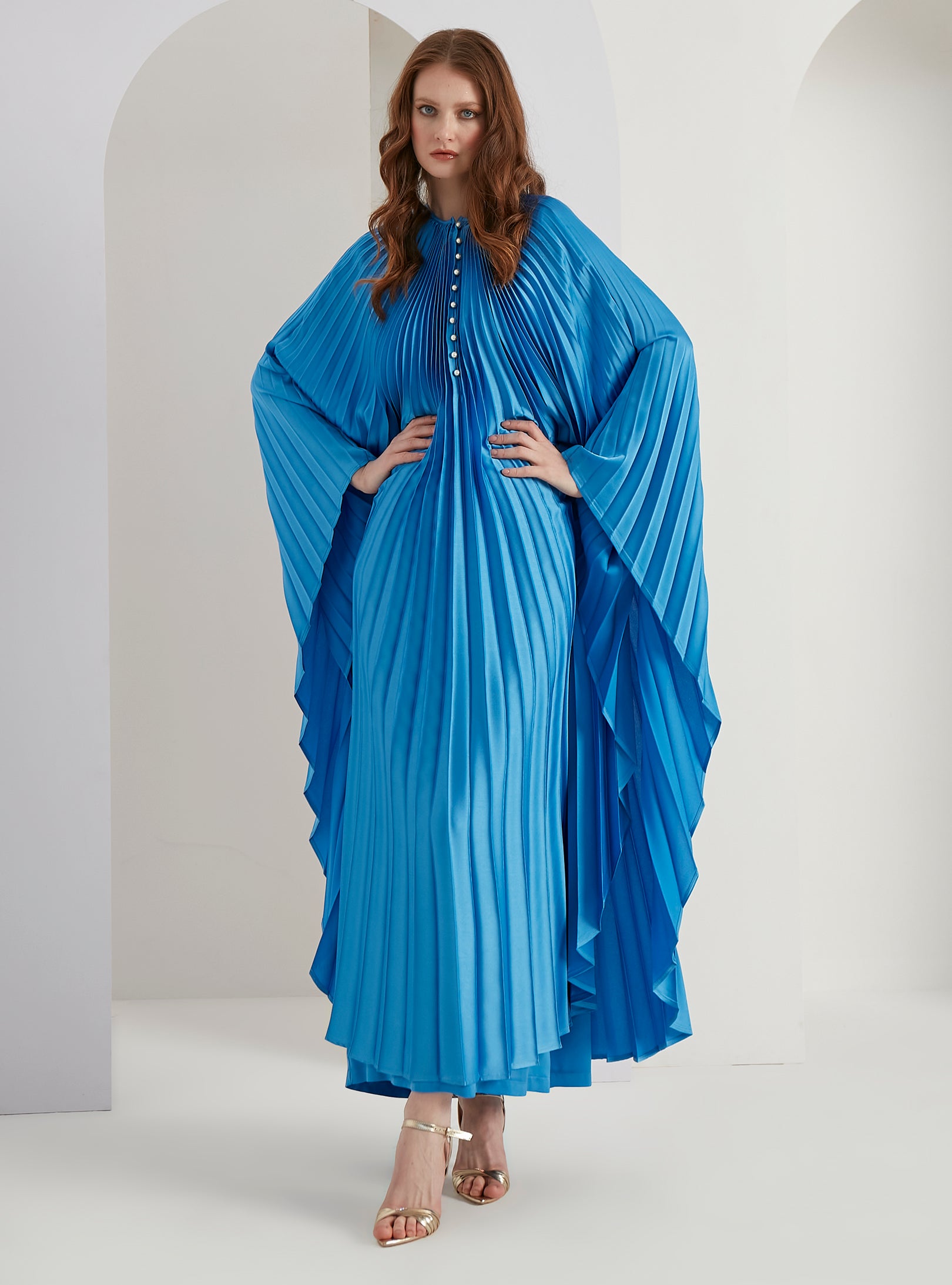 Blue Plisse Caftan with Pearls Button