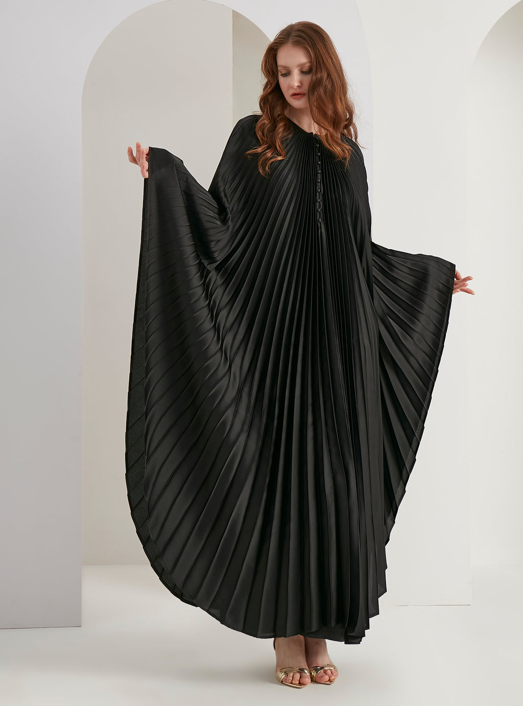 Black Plisse Caftan with Pearls Button