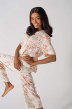 Be Cosy PJ Set in Off White and Pink Floral Print