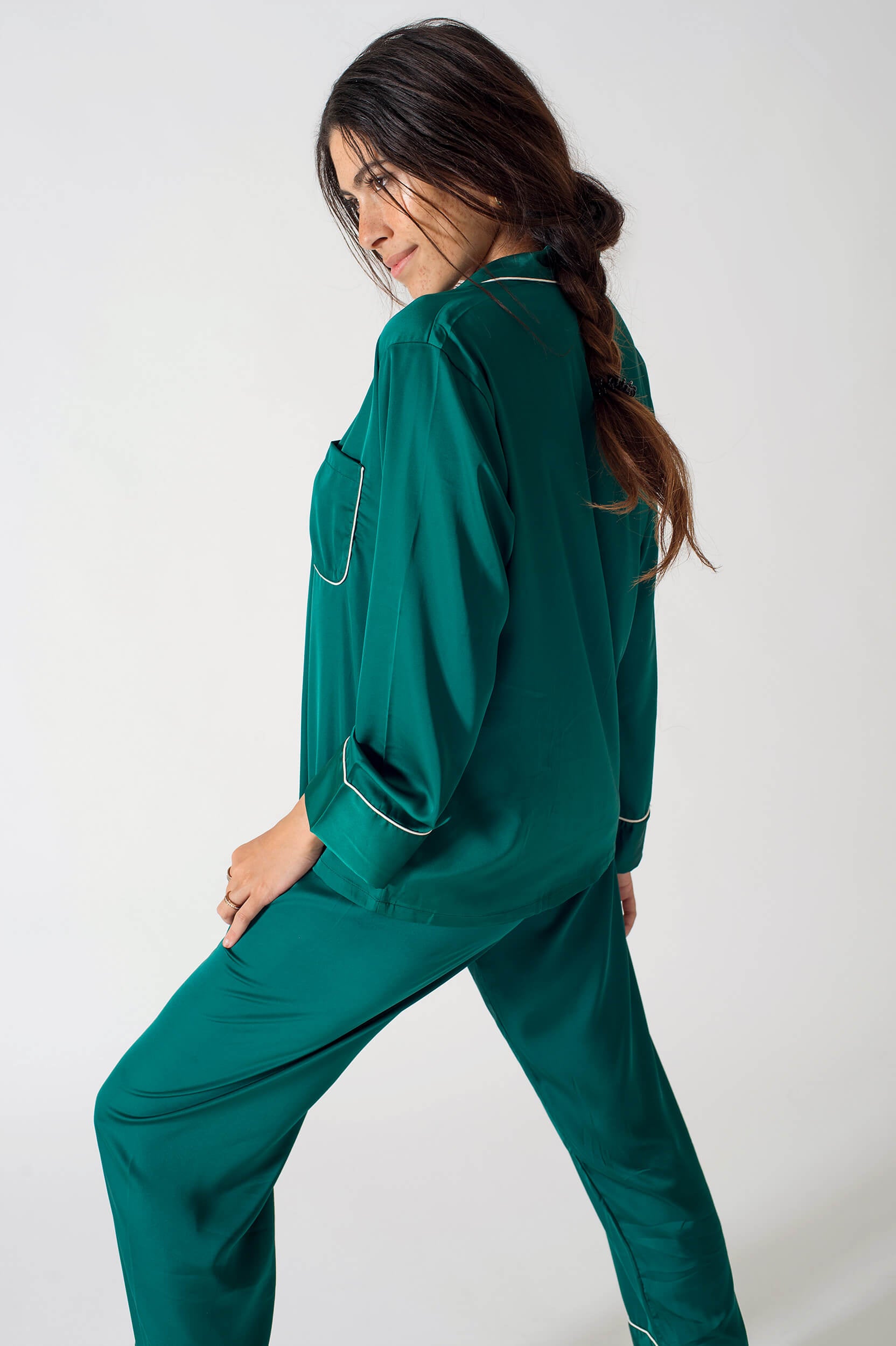 Be Cosy Classic Satin PJ Set in Deep Green