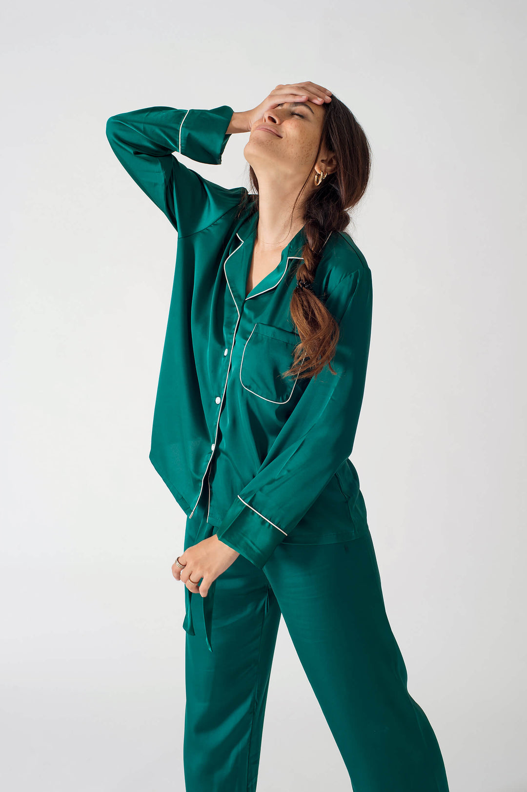 Be Cosy Classic Satin PJ Set in Deep Green