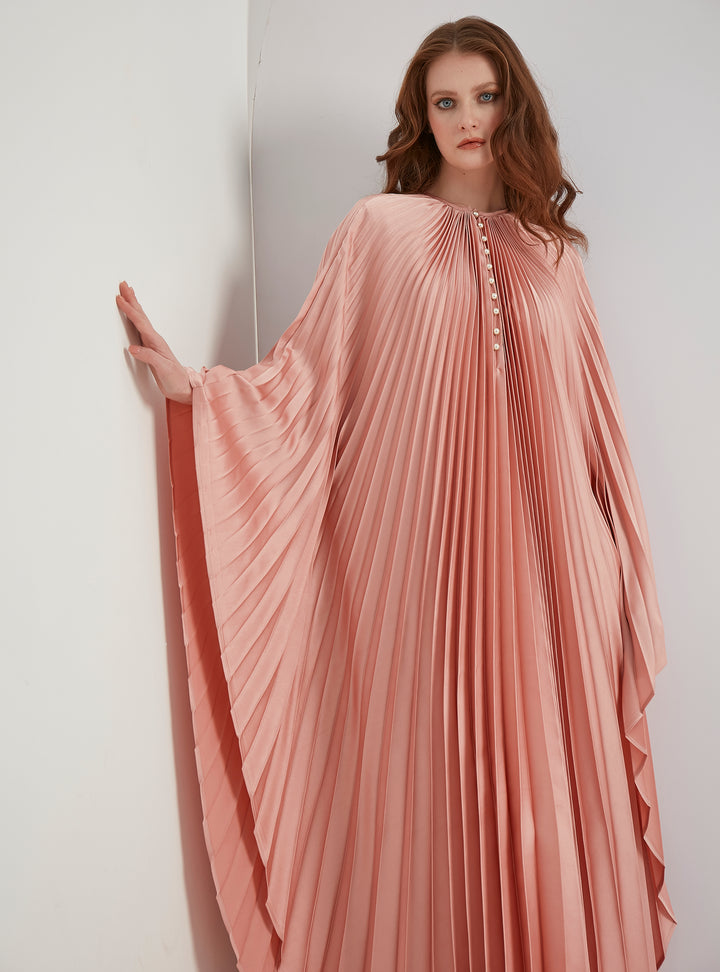 Salmon Plisse Caftan with Pearls Button