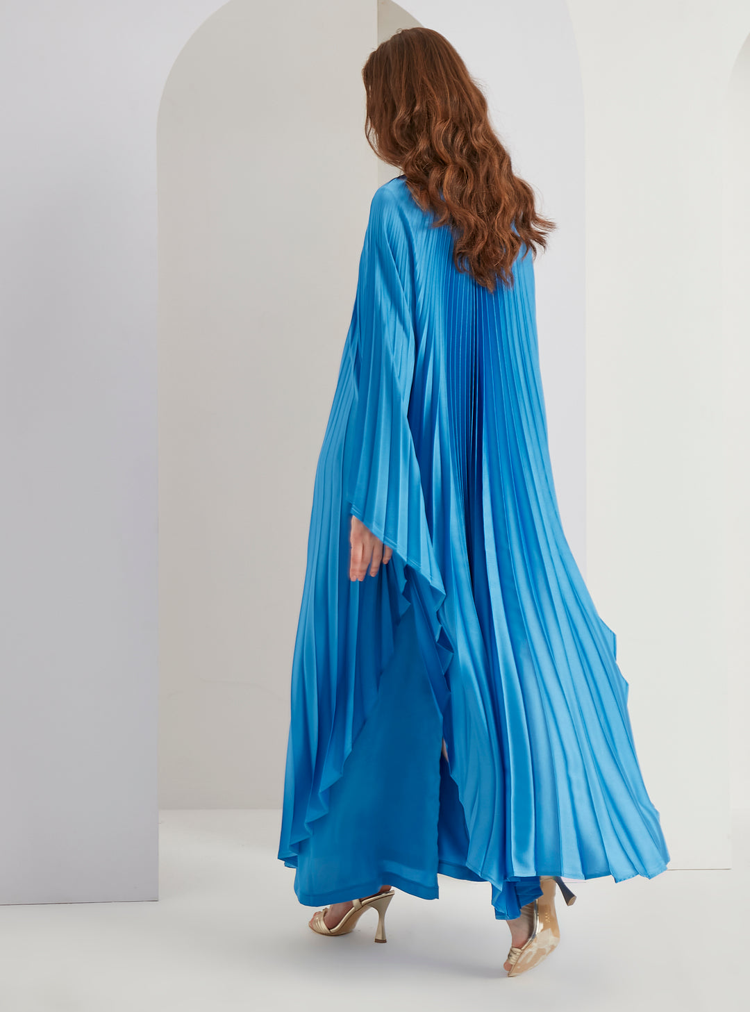 Blue Plisse Caftan with Pearls Button