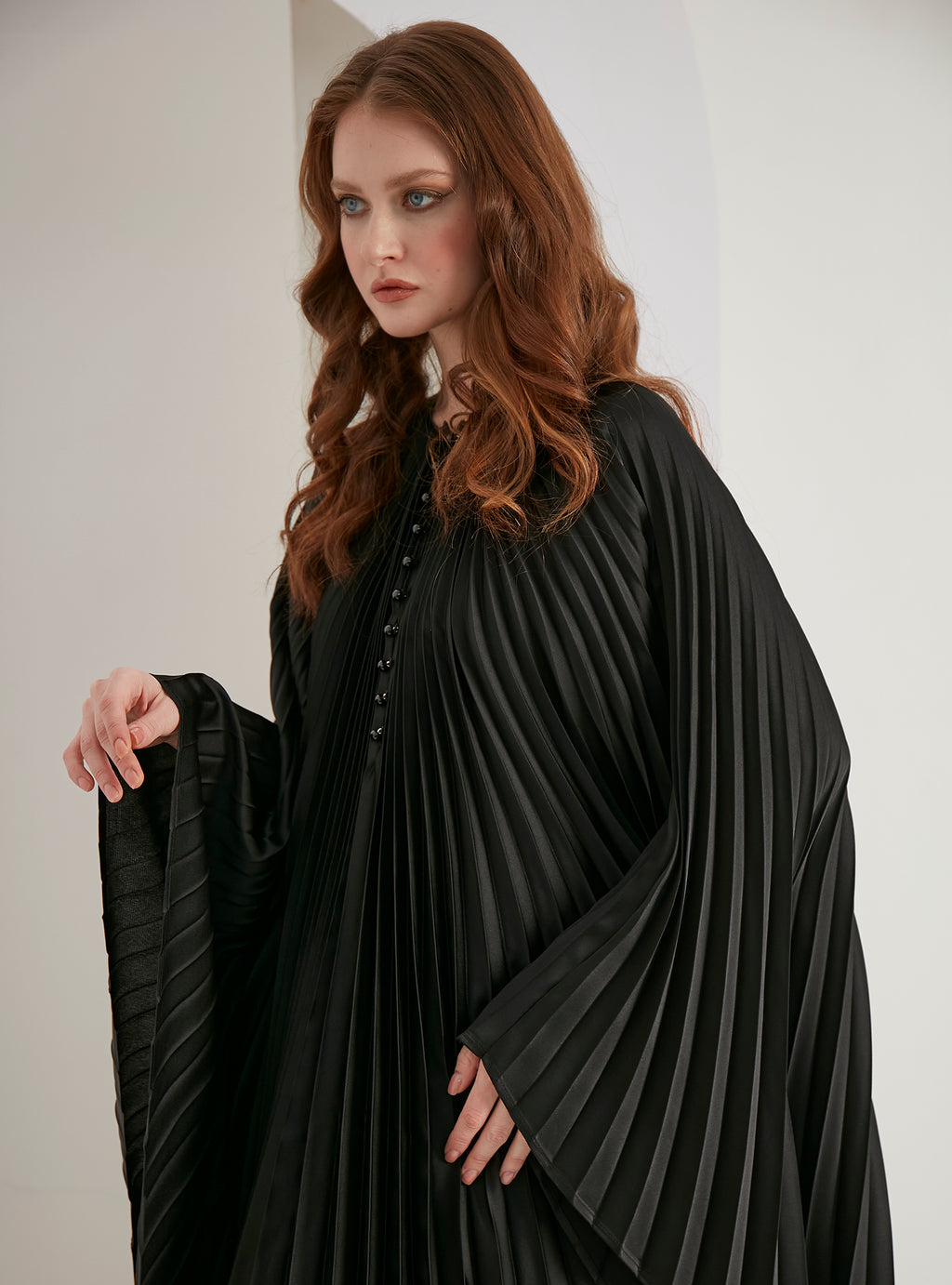 Black Plisse Caftan with Pearls Button