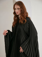 Black Plisse Caftan with Pearls Button