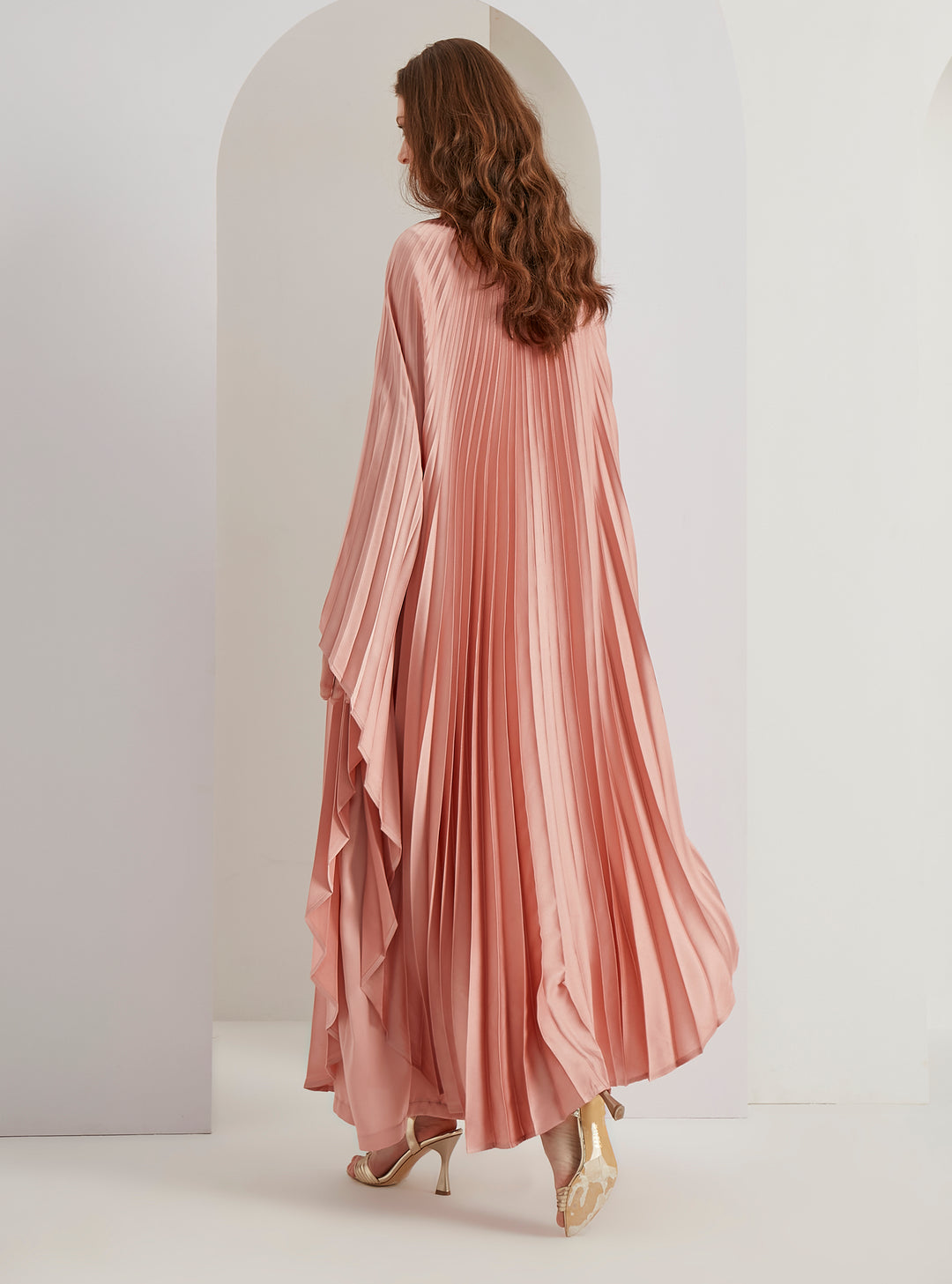 Salmon Plisse Caftan with Pearls Button