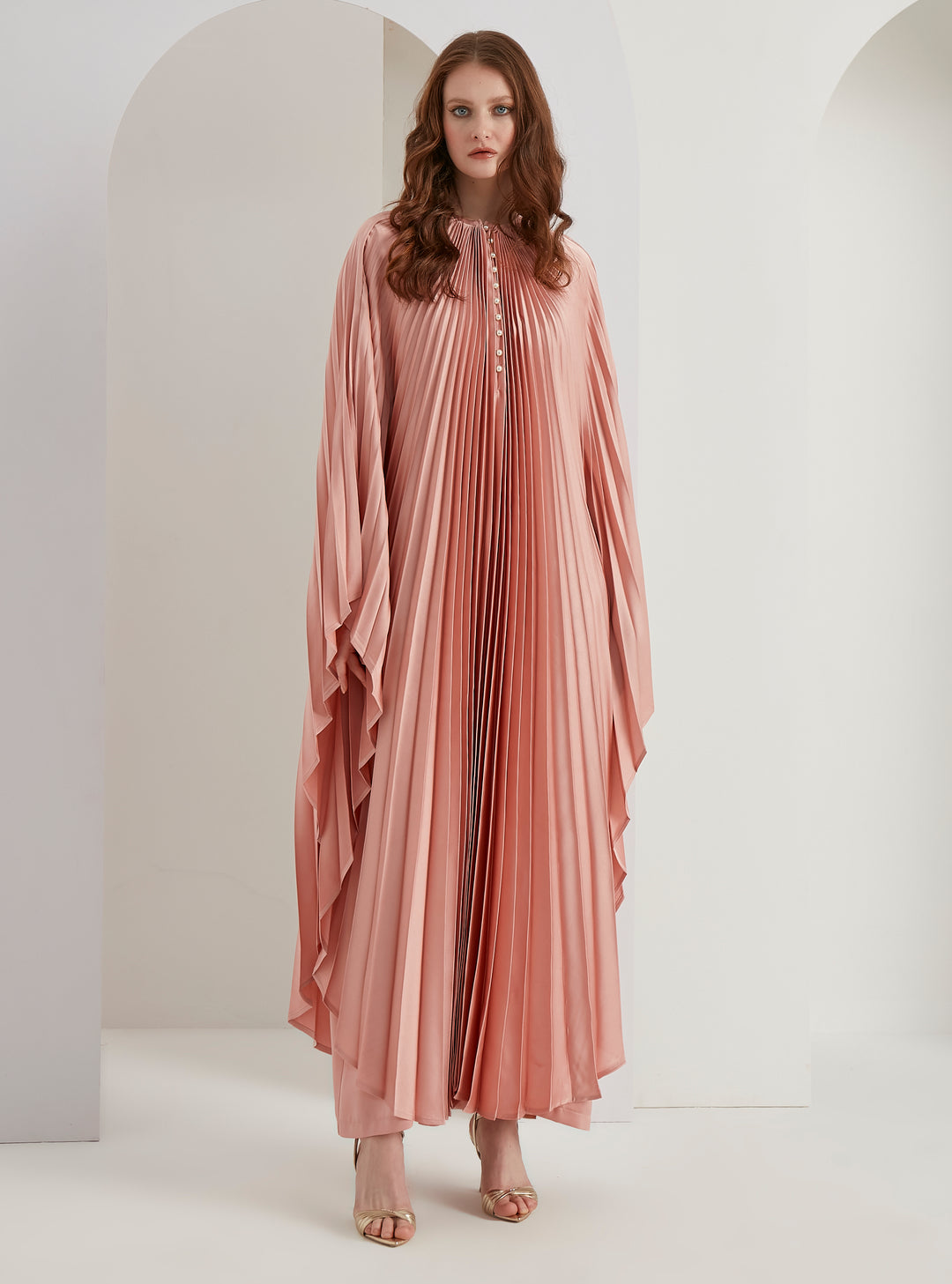 Salmon Plisse Caftan with Pearls Button