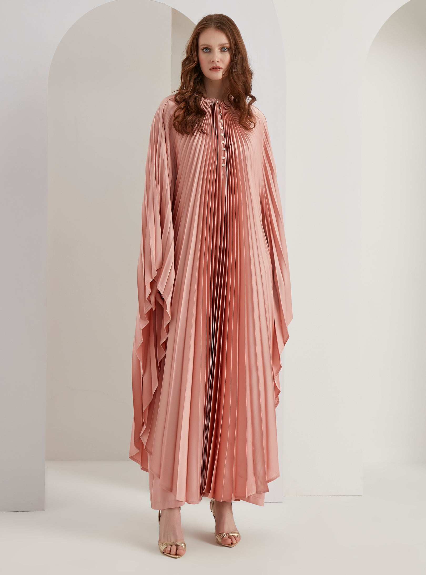 Salmon Plisse Caftan with Pearls Button