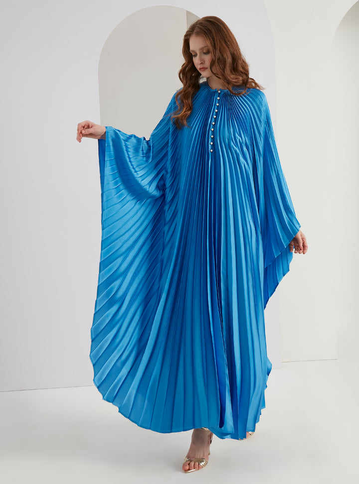 Blue Plisse Caftan with Pearls Button