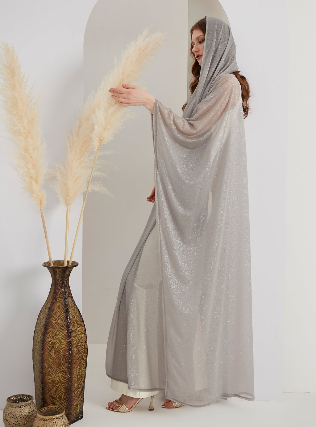 Grey Glitter Abaya With Scarf Set